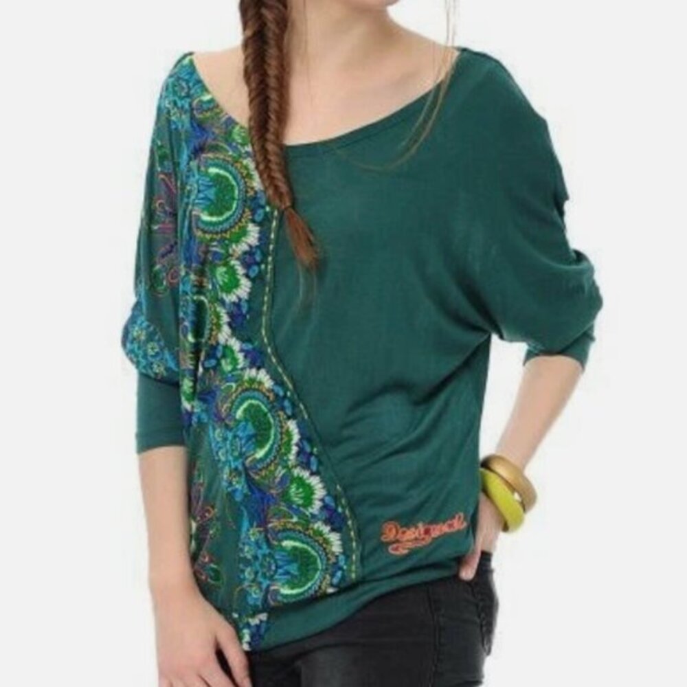 Desigual Women's Small Green Embroidered Long Sleeve Oversized Blouse Casual‎